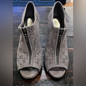 BCBGirls Bert Dark Khaki Laser Cut Suede Peep Toe High Heel Booties